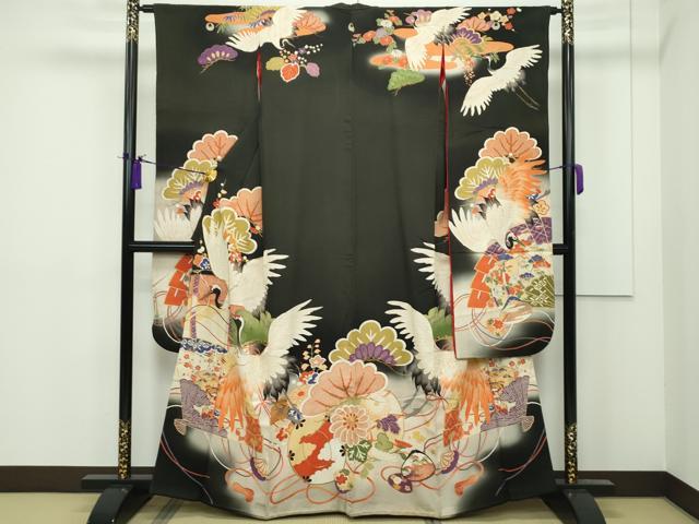 平和屋本店□極上 アンティーク 振袖 駒刺繍 檜扇飛鶴草花文 暈