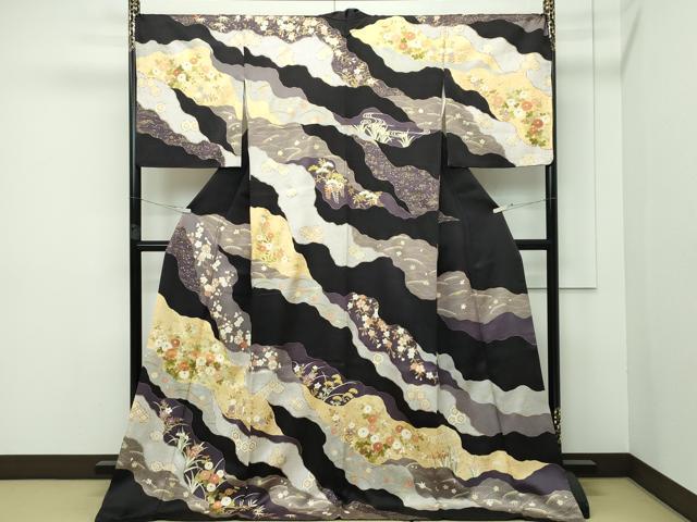 平和屋本店□極上 訪問着 駒刺繍 道長草花文 金彩 紫黒色地