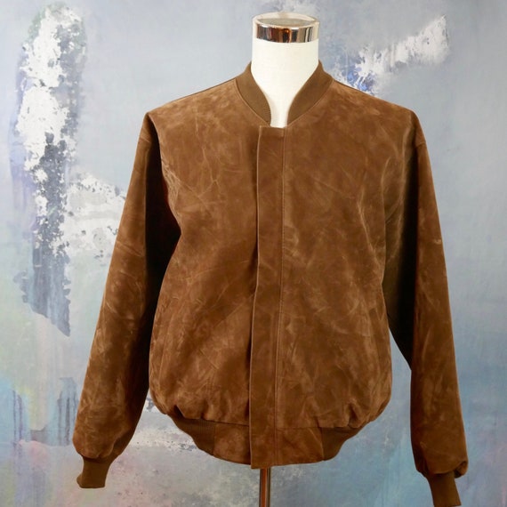 Brown Faux Suede Jacket, 1990s Italian Vintage Zip up Dark Tan