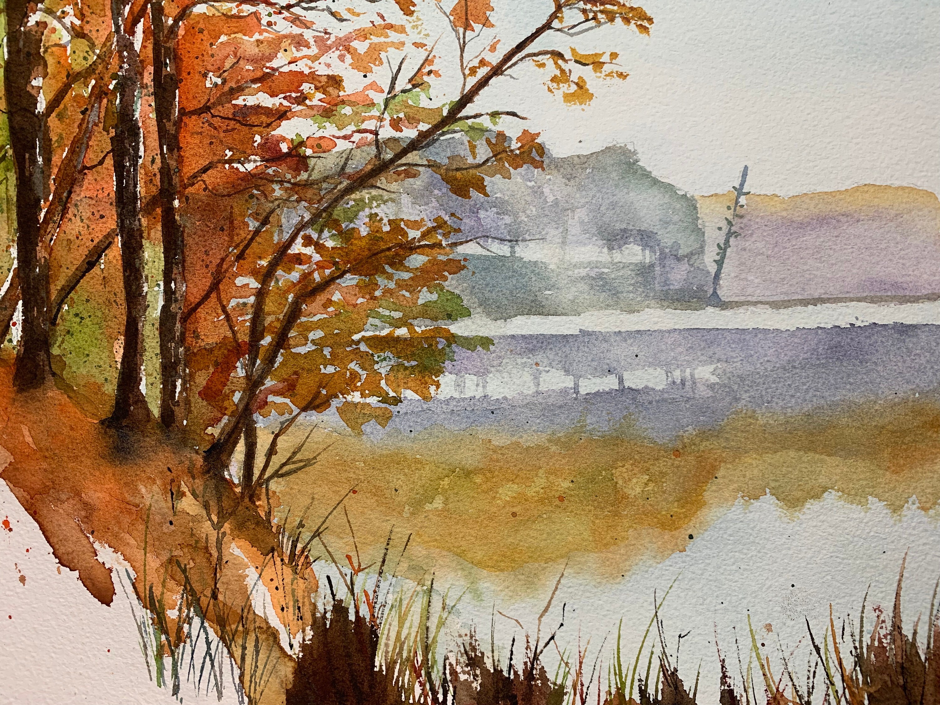 水彩画の秋の風景画、秋の風景画 - Etsy 日本
