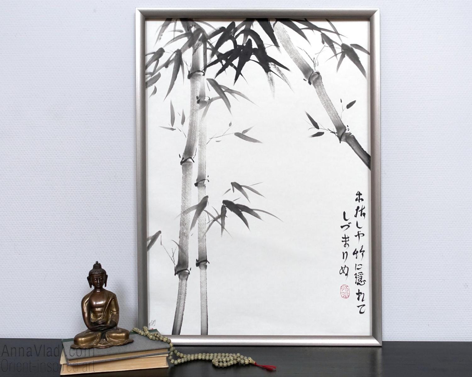 墨絵冬の竹画：和紙に描かれた俳句の書道アート - Etsy 日本