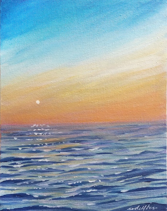 油絵 油彩 油彩画 絵 絵画 【夕陽に染まる海】A4 作品名】：油絵【夕日