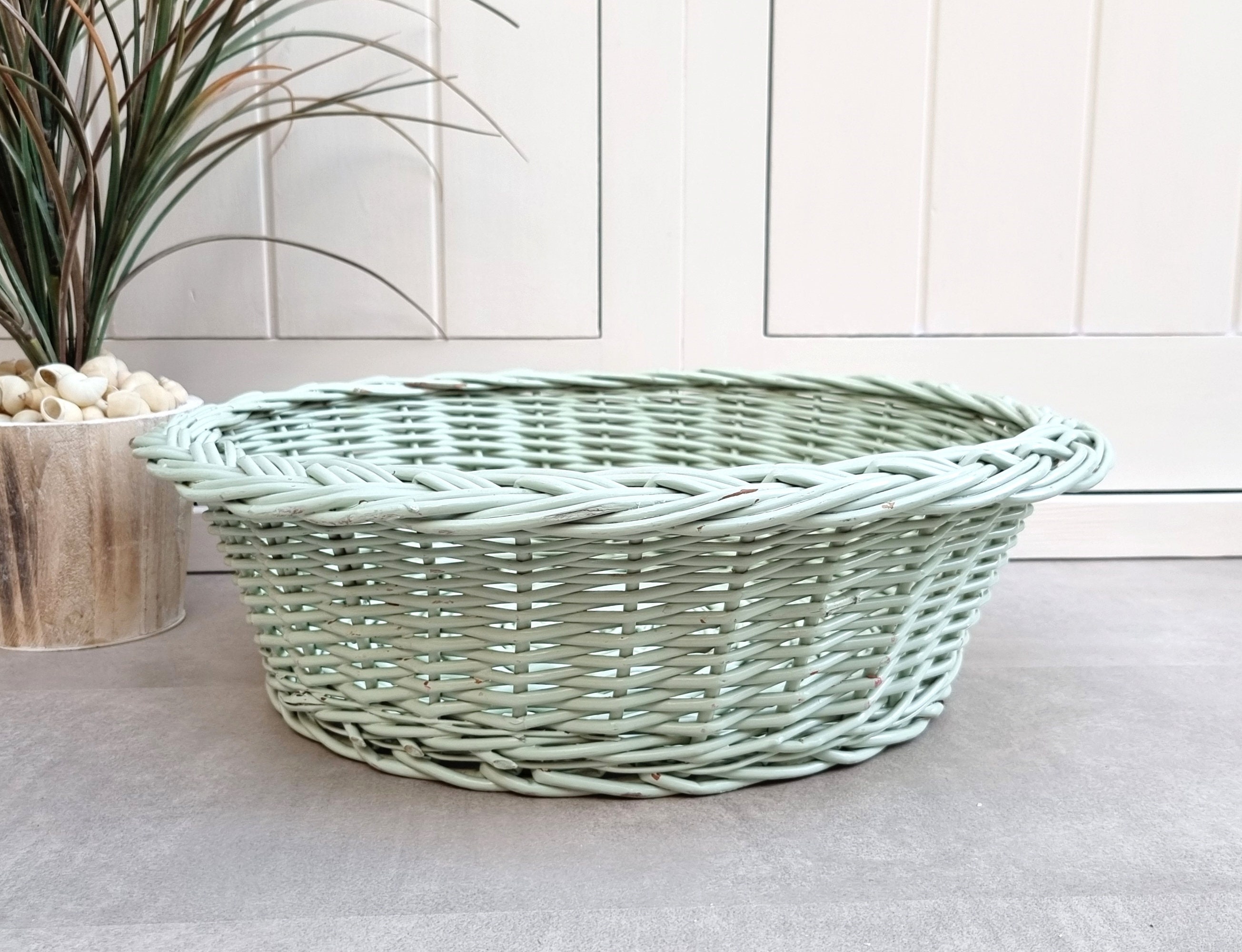 Vintage Round Wicker Basket, Mint Green Decorative Basket, Wicker