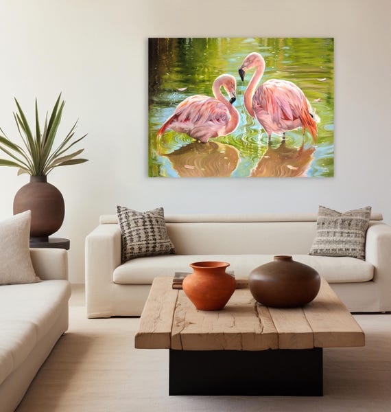 油絵 オリジナル手描きアート - 恋するフラミンゴ - Etsy 日本