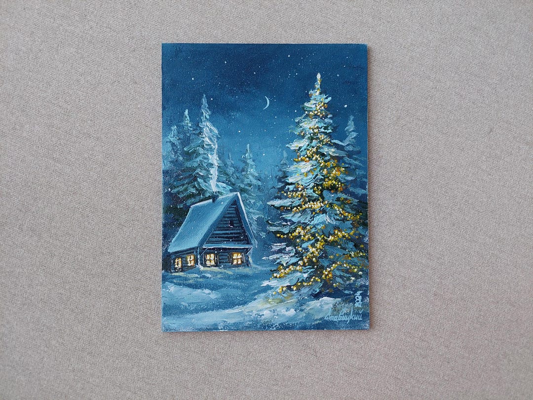 雪の冬の油絵。クリスマスの傑作絵画。雪に覆われたアート 古い