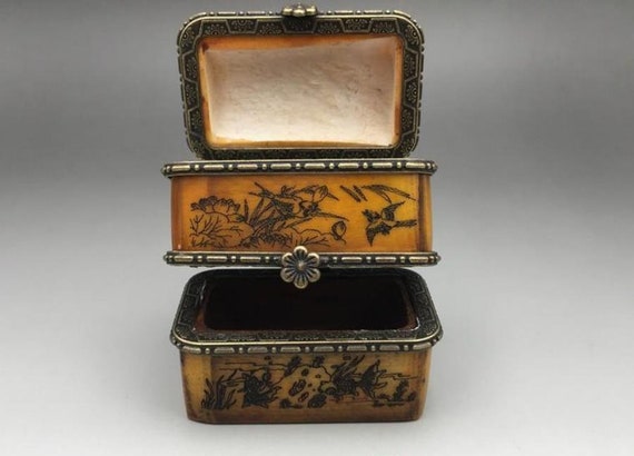 古代中国のアンティークの天然骨箱、純粋な手作り、絶妙な貴重な絵