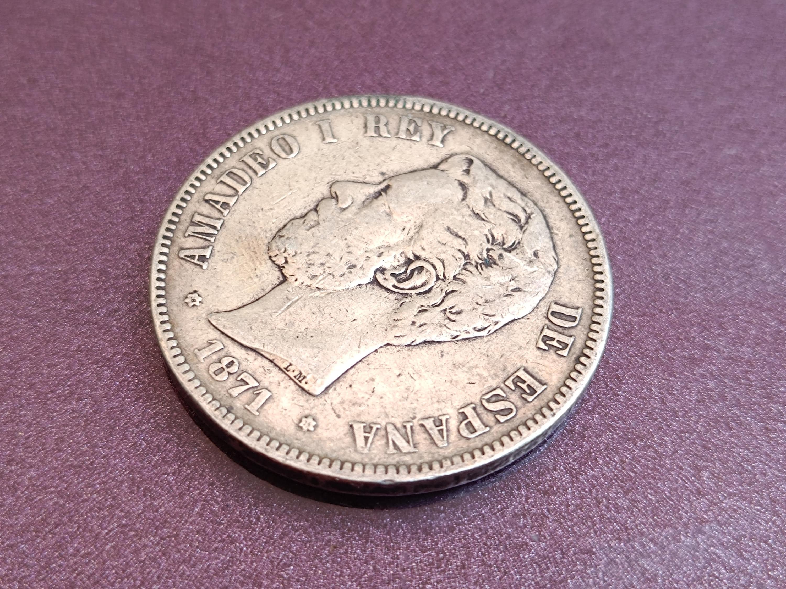 1871年 スペイン 5ペセタ銀貨 アマデオ1世 実測24.73g 本物級 銀貨】1871