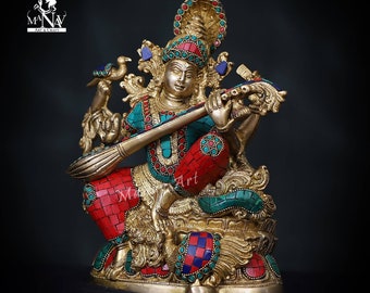 女神サラスワティ像：接着されたブロンズ製白鳥の女神像（21 cm