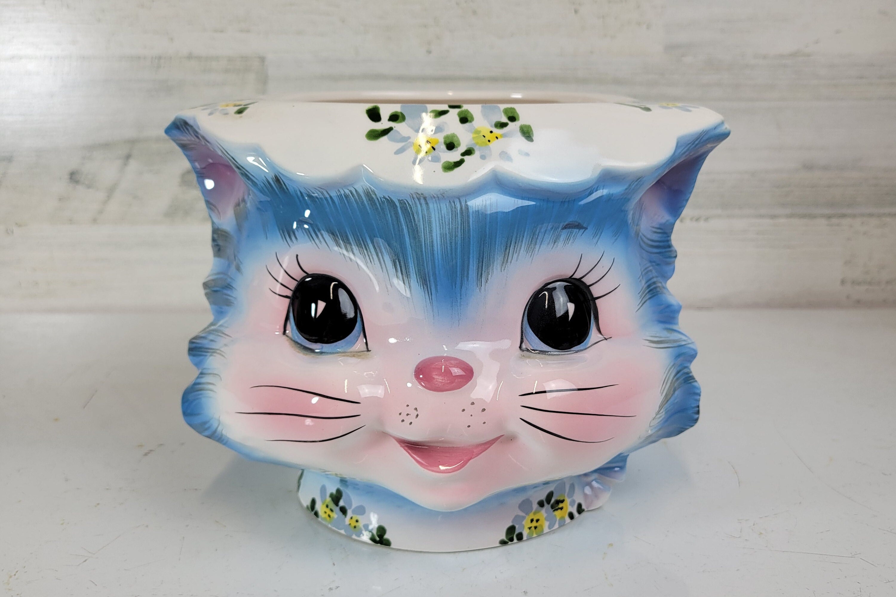 Vintage Lefton Miss Priss Kitty Planter: Blue Anthropomorphic