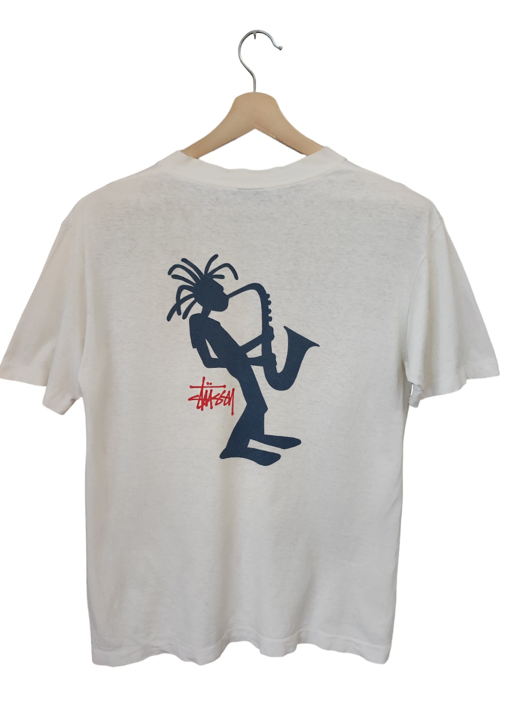 90s OG Stüssy T-shirt Vintage Rasta Jazz Saxophon Logo Casual