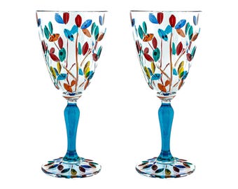 ムラーノガラス ワイン マルチブルーステム ハンドペイント 高さ19.3