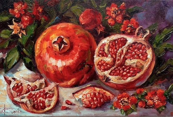 はなとざくろの静物画 油彩画 ザクロの油絵フルーツオリジナルアート静物