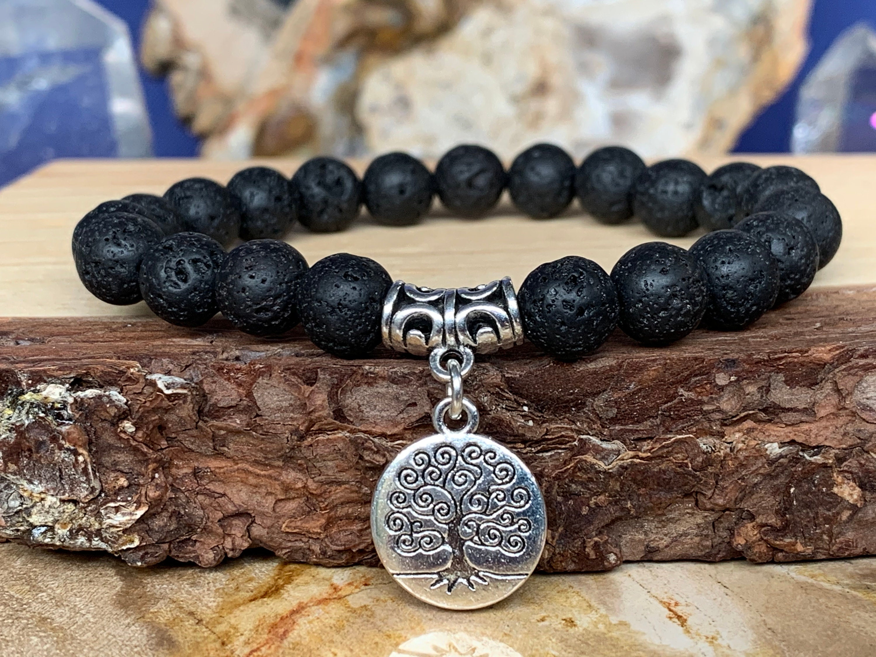 Tree of Life Bracelet 8 Mm Black Volcanic Stone, Stretch Cord