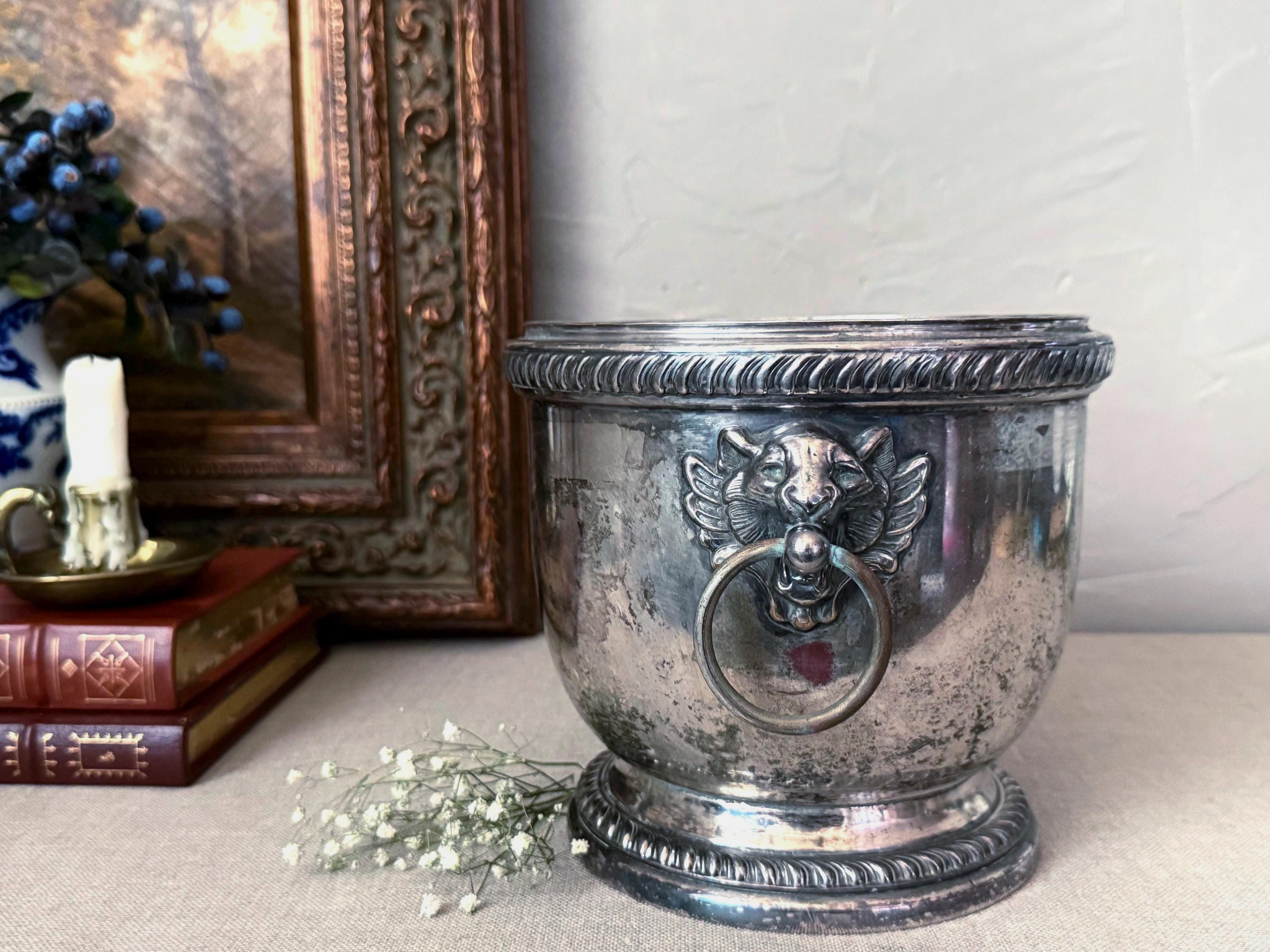 英国】ライオンのアイスペール / トング【シルバープレート】 英国