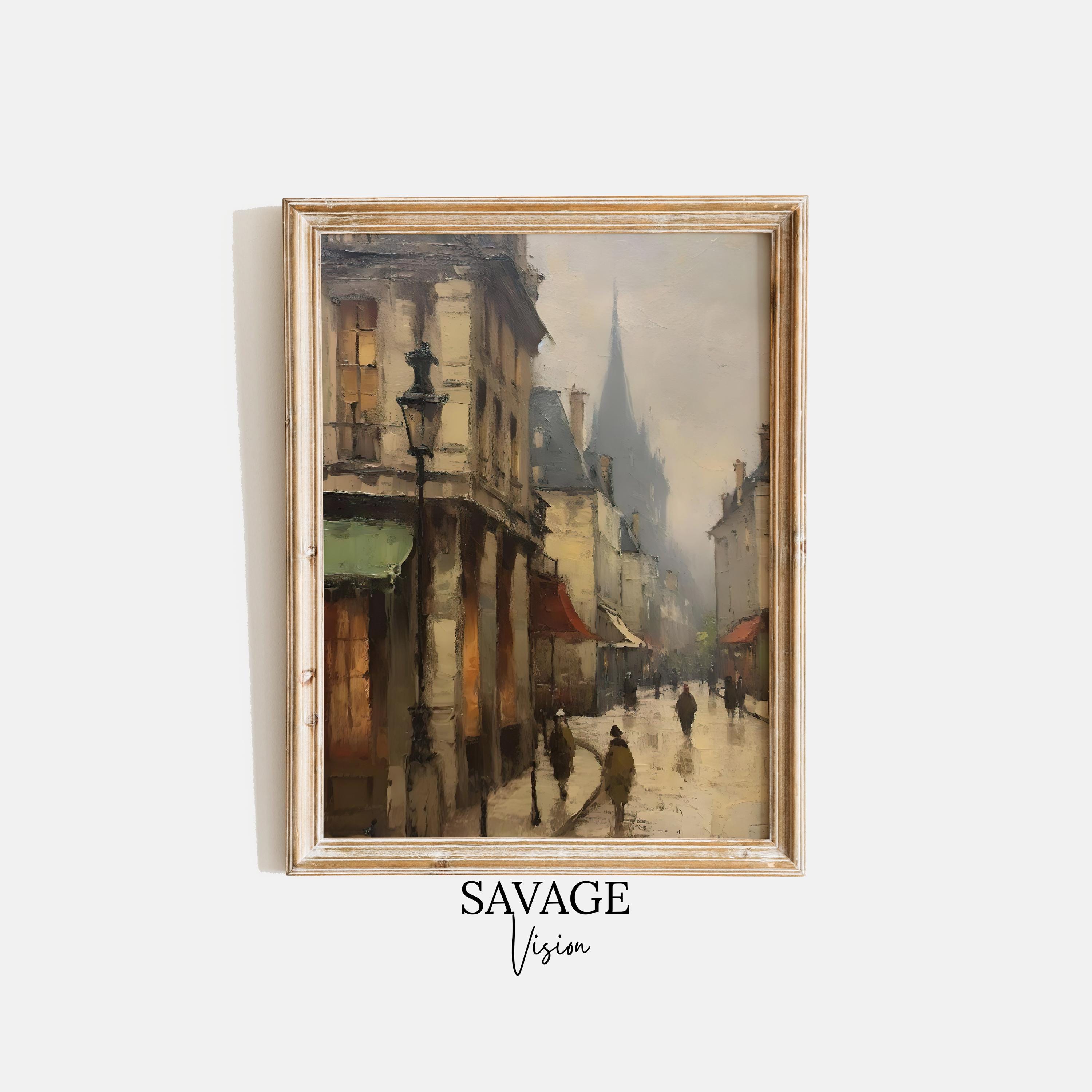 ヴィンテージフランスの街並みの絵画、アンティークな街並みの印刷可能