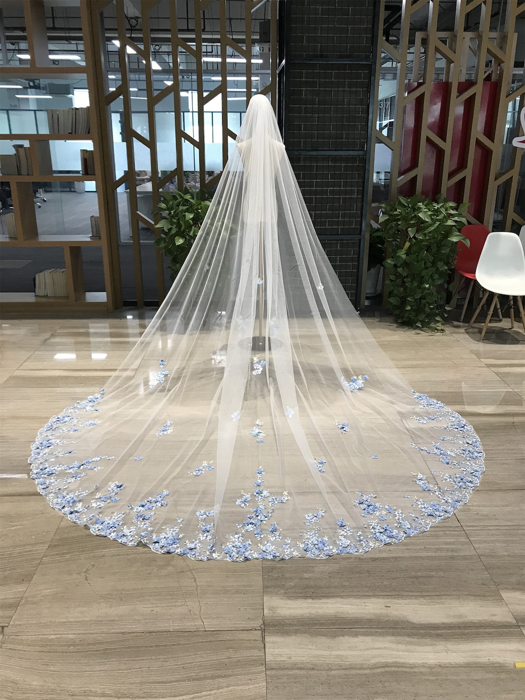 Bridal Veil With Fairy Blue Lace Floral Blue Flower Wedding Veil