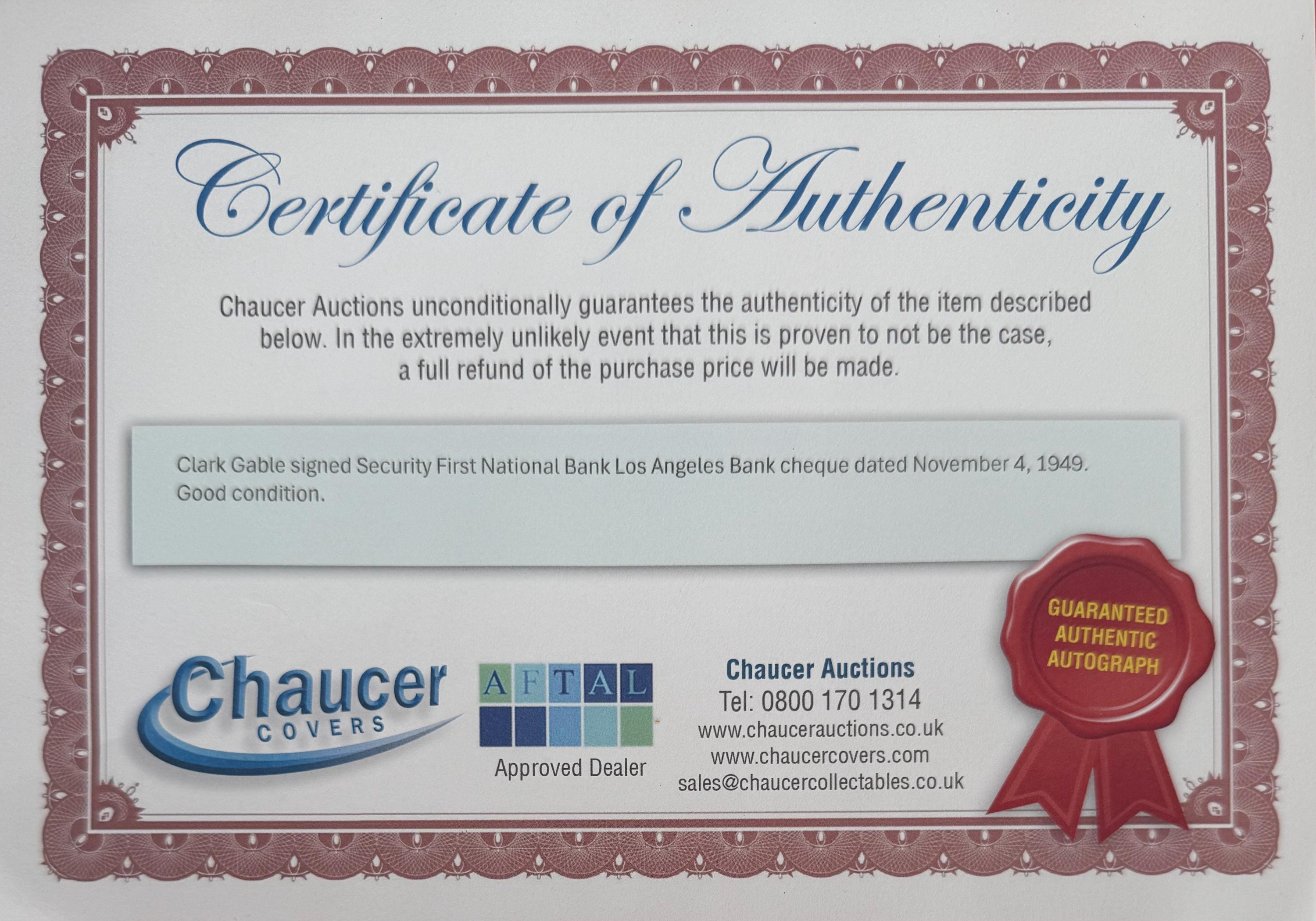 クラーク・ゲーブル 希少 見事な本物 100% 保証 直筆サイン入り 1949年