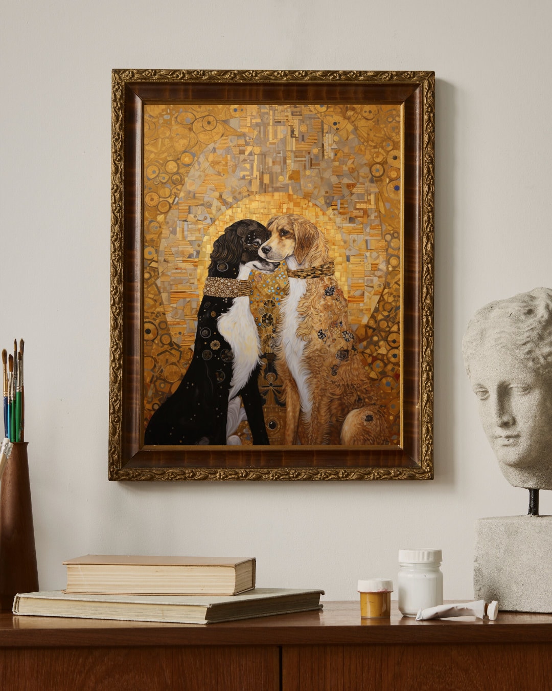 グスタフ・クリムトの接吻 - 犬を描いた有名な絵画のパロディ、アート