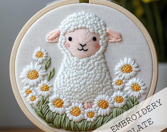 羊の刺繍パターン、初心者向けファームハウス装飾（PDFダウンロード