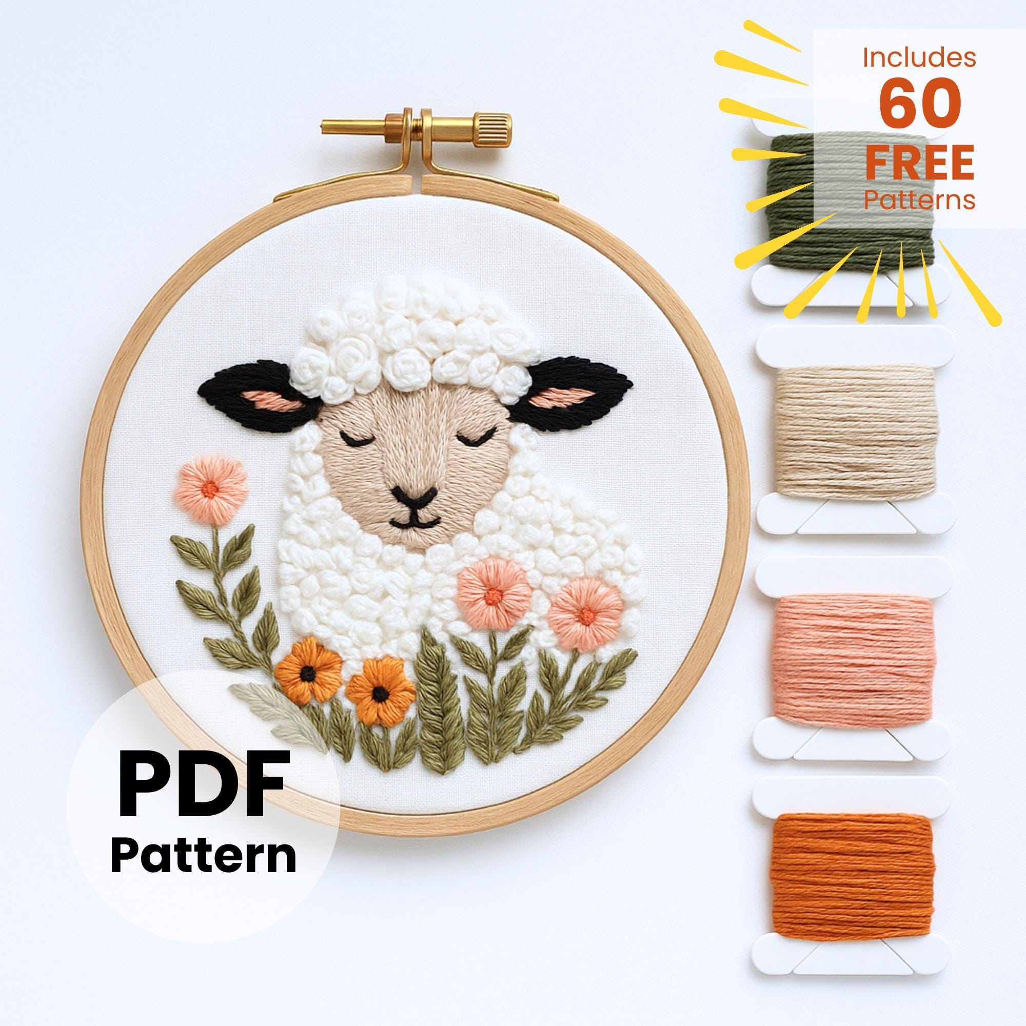 羊の刺繍パターン：DIY保育園の装飾、モダンクラフト（PDFパターン