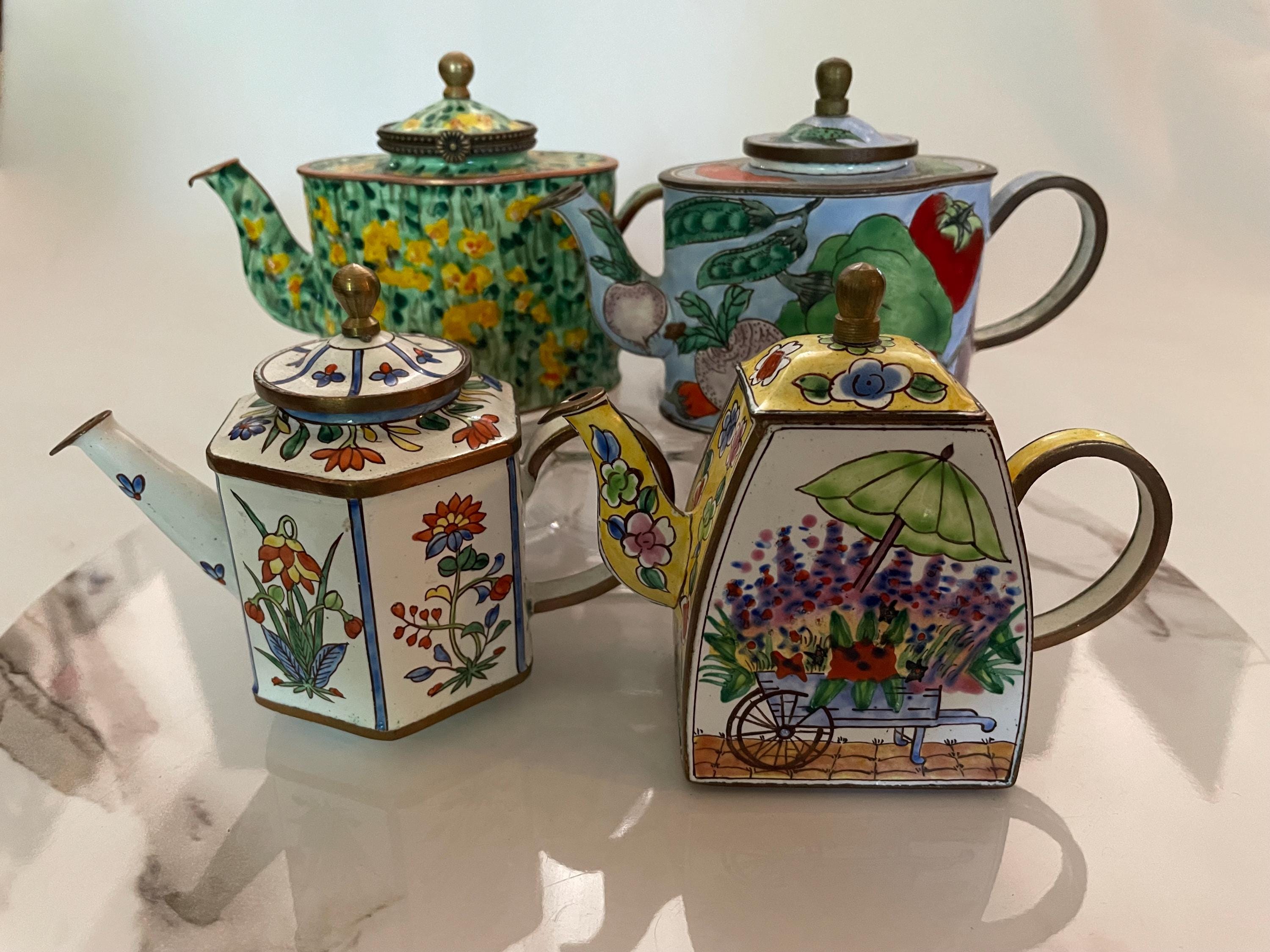 U Pick Vintage Enameled Copper Miniature Teapots Flower Vegetable