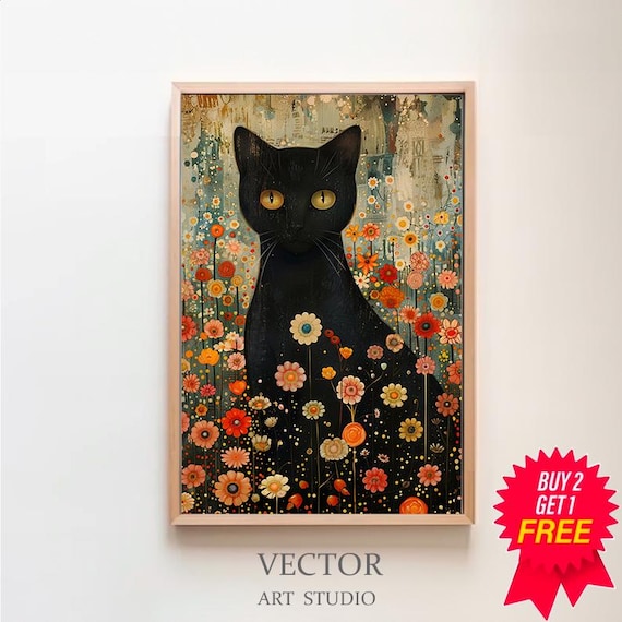 キャンバス油絵 専用 黒猫ガーデン クリムト風フラワーガーデン