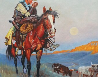 絵画 油彩 夕暮れのカウボーイと馬 牧場風景 ウエスタンアート Y183 真