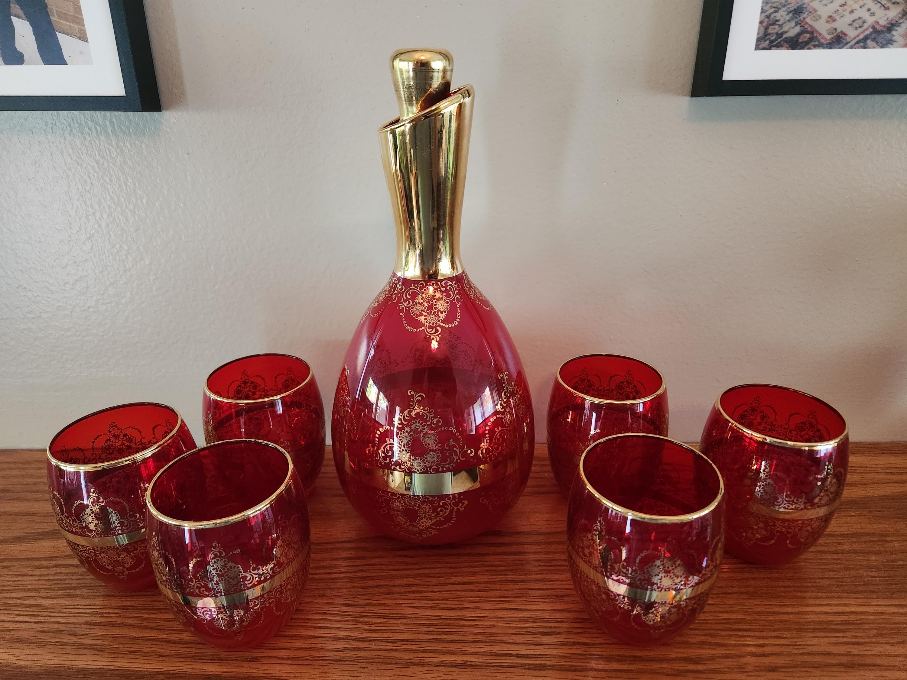 Murano Glass 赤金 デキャンタとグラスセット Murano Decanter Set