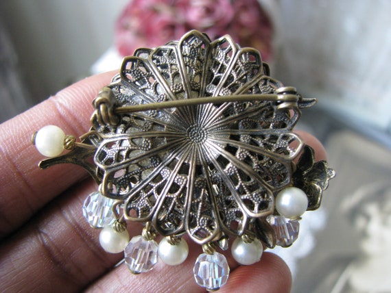 Vintage Miriam Haskell Style Brooch, Brass Filigree Rhinestone