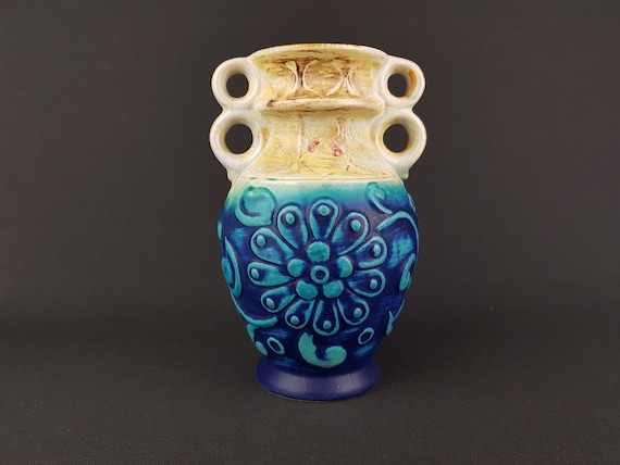 Vintage BAY KERAMIK Matte Blue Vase 86 20 With Floral Decor by