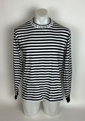 Stussy Spell Out Mock Collar All-Over Striped Long Sleeve T Shirt