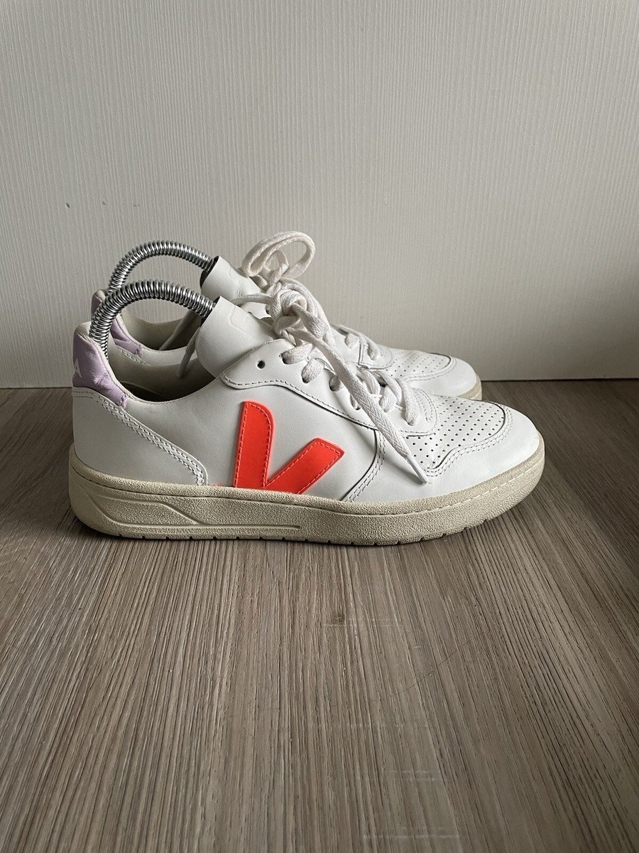 Veja X Madewell V-10 Leather Sneakers in Lilac and Neon Orange