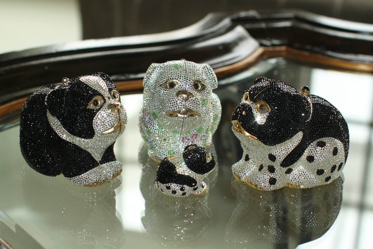 JUDITH LEIBER BULLDOG PUG DITSY FLORAL CLUTCH DOG SWAROVSKI