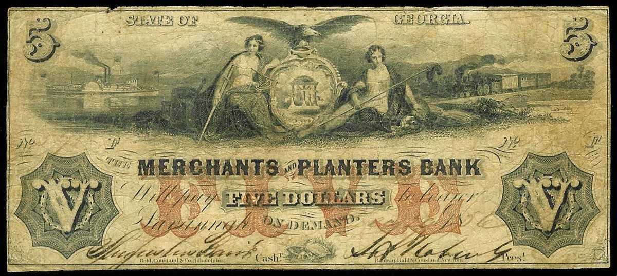 1856 MERCHANTS & PLANTERS SAVANNAH, GEORGIA $5 DOLLAR OBSOLETE