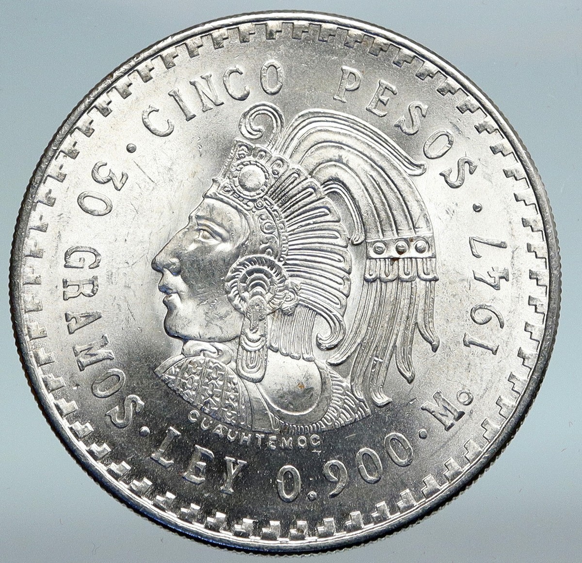 1947 MEXICO Aztec Chieftain CUAUHTEMOC Eagle Genuine Silver 5 Peso