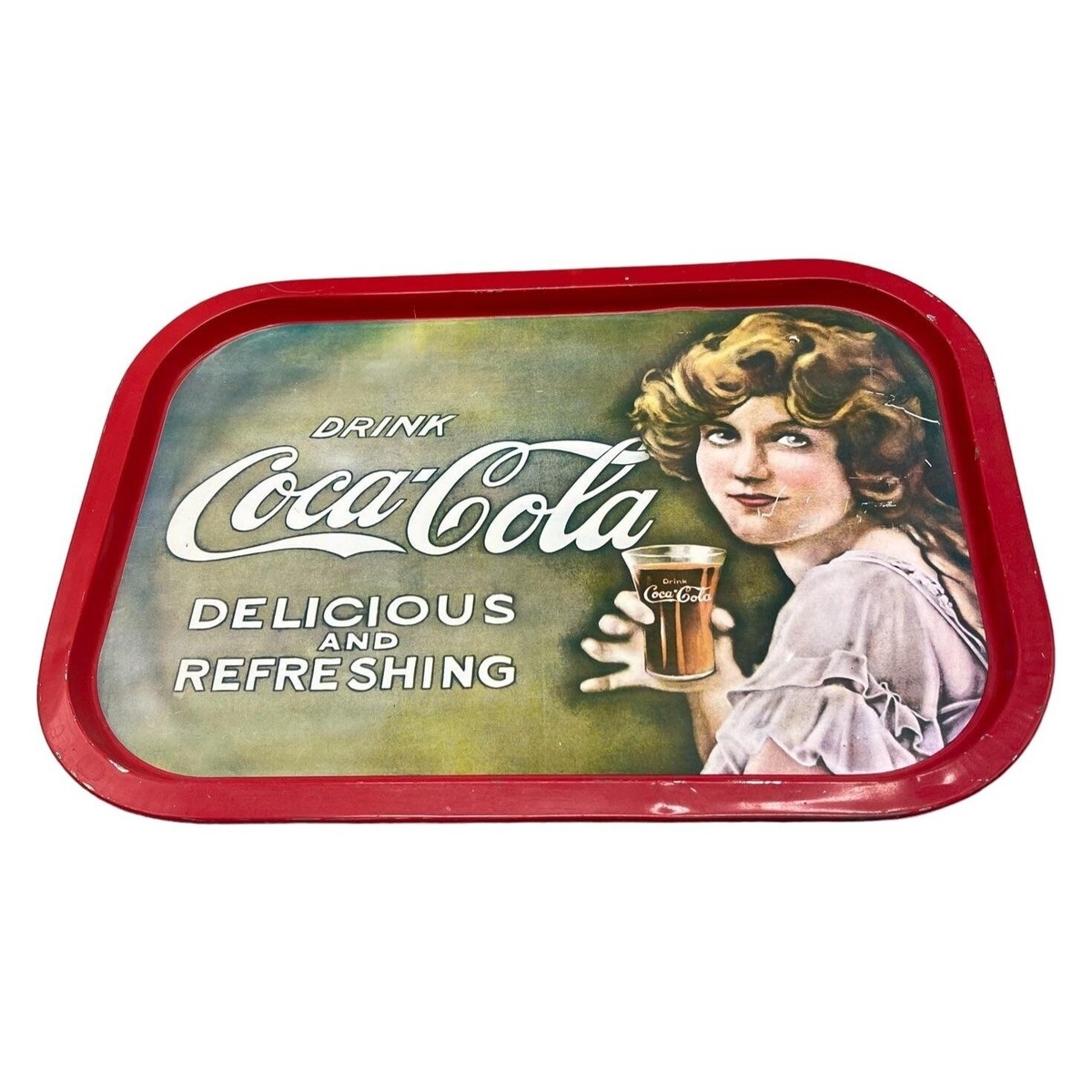 Coca cola metal tray drink delicious and refreshing women holding
