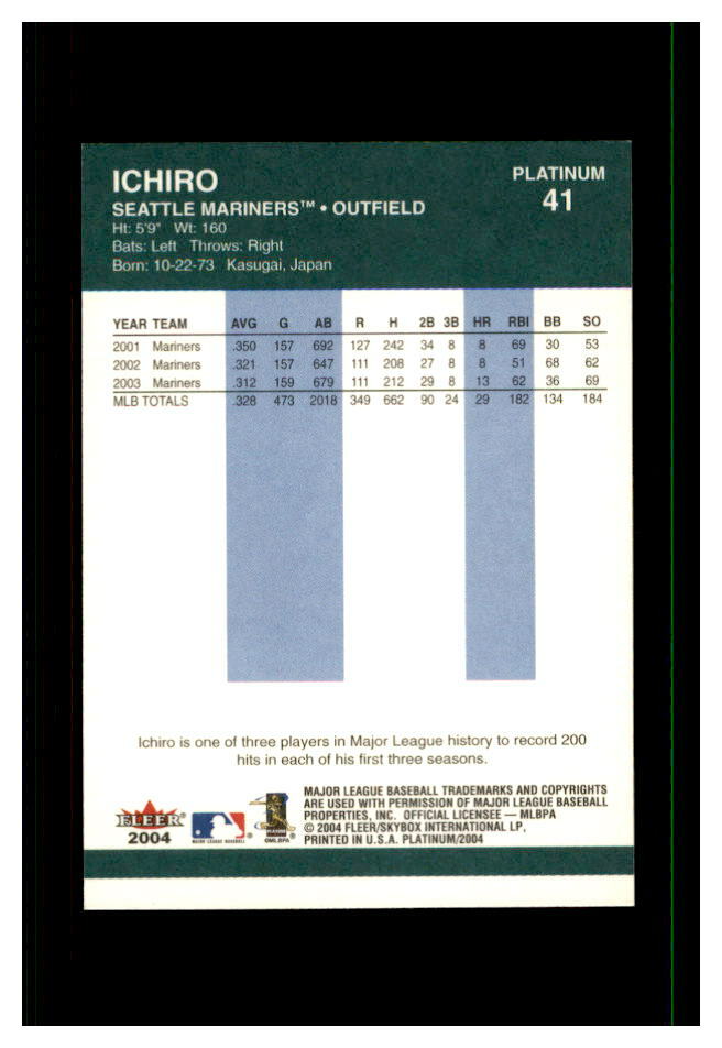 ICHIRO SEATTLE MARINERS FLEER 2004 PLATINUM #41 MINT | eBay