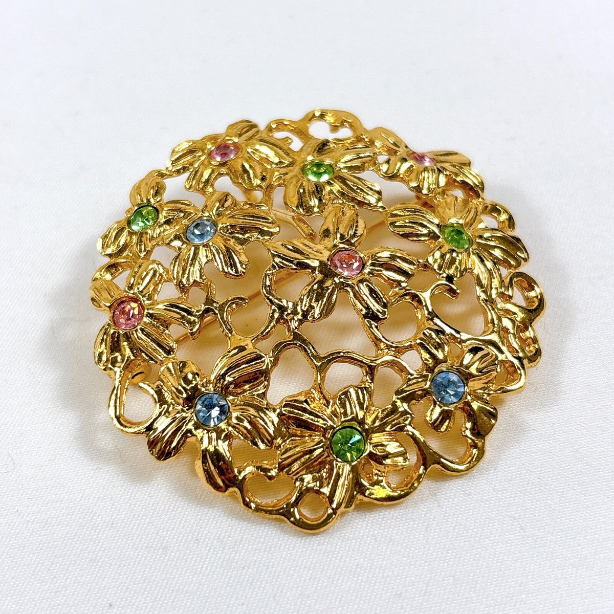 YSL Yves Saint Laurent Flower Brooch Rhinestones Goldtone