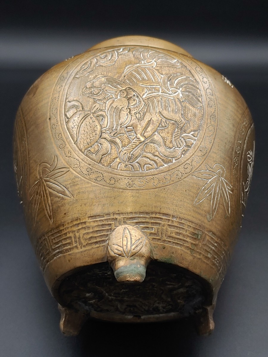 2566 銅製 大明宣徳銘 獅子香炉 銅製 大明宣徳年製 取景霞