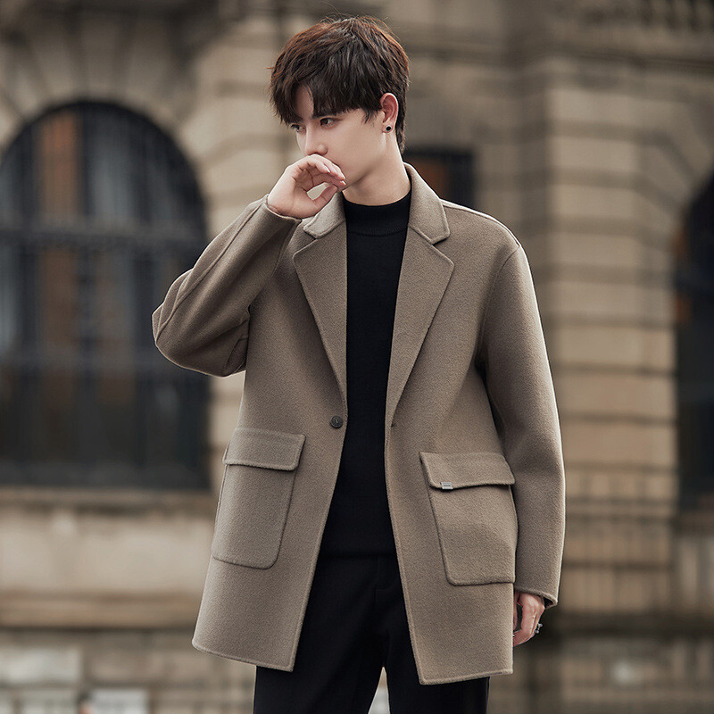 Two Sided Wool Jackets Mens Mid Length Blazer Lapel Trench Coats