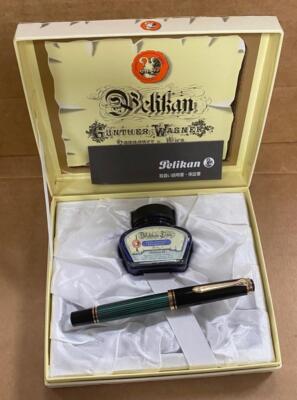 PELIKAN 14C-585 F GREEN STRIPED FOUNTAIN PEN W/ BLUE PELIKAN INK