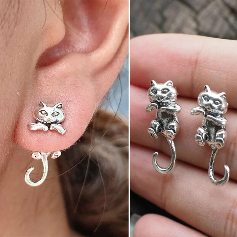 Cute 925 Silver Cat Animals Piercing Earrings Stud Charm Women