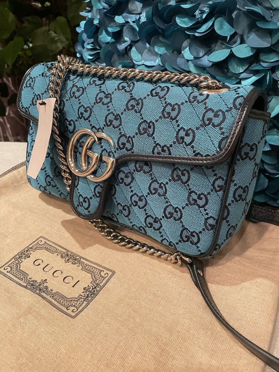 NWT! Gucci GG Marmont Canvas Diagonal Azalea Flap Blue Small