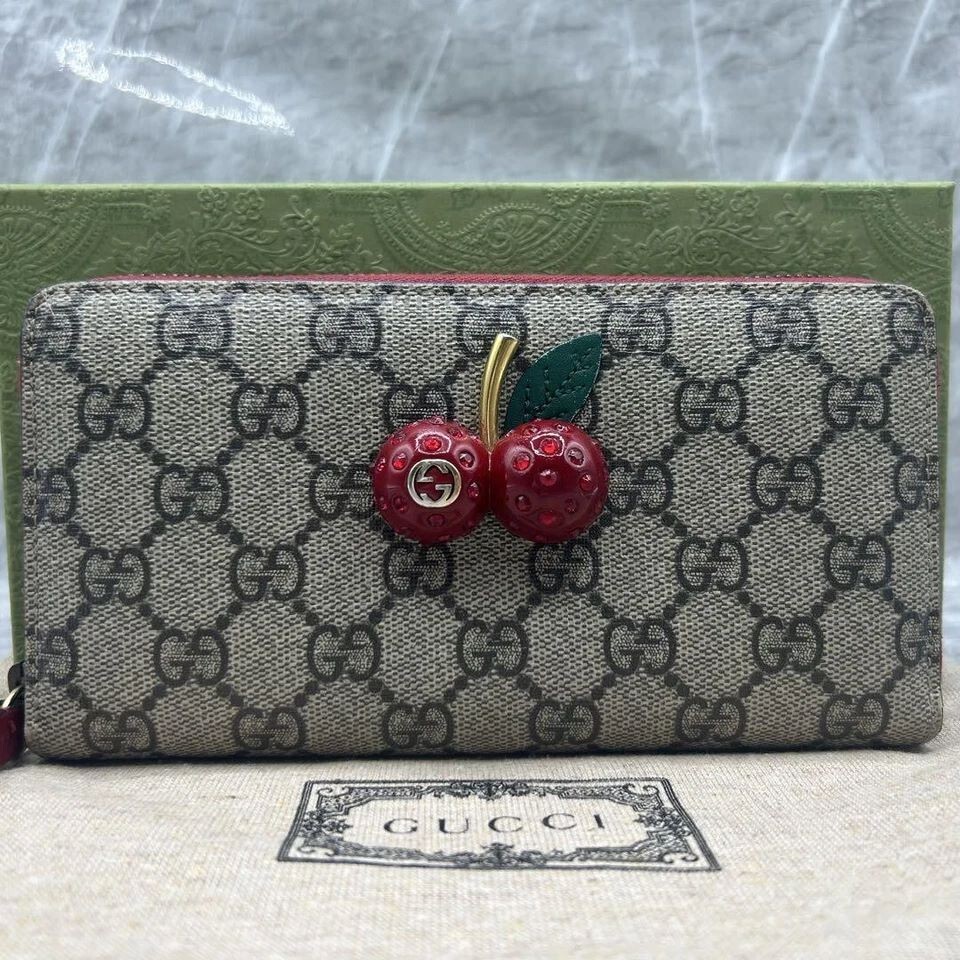 Gucci Cherry Leather Long Wallet Zip Canvas Cherrie GG Fruit Italy