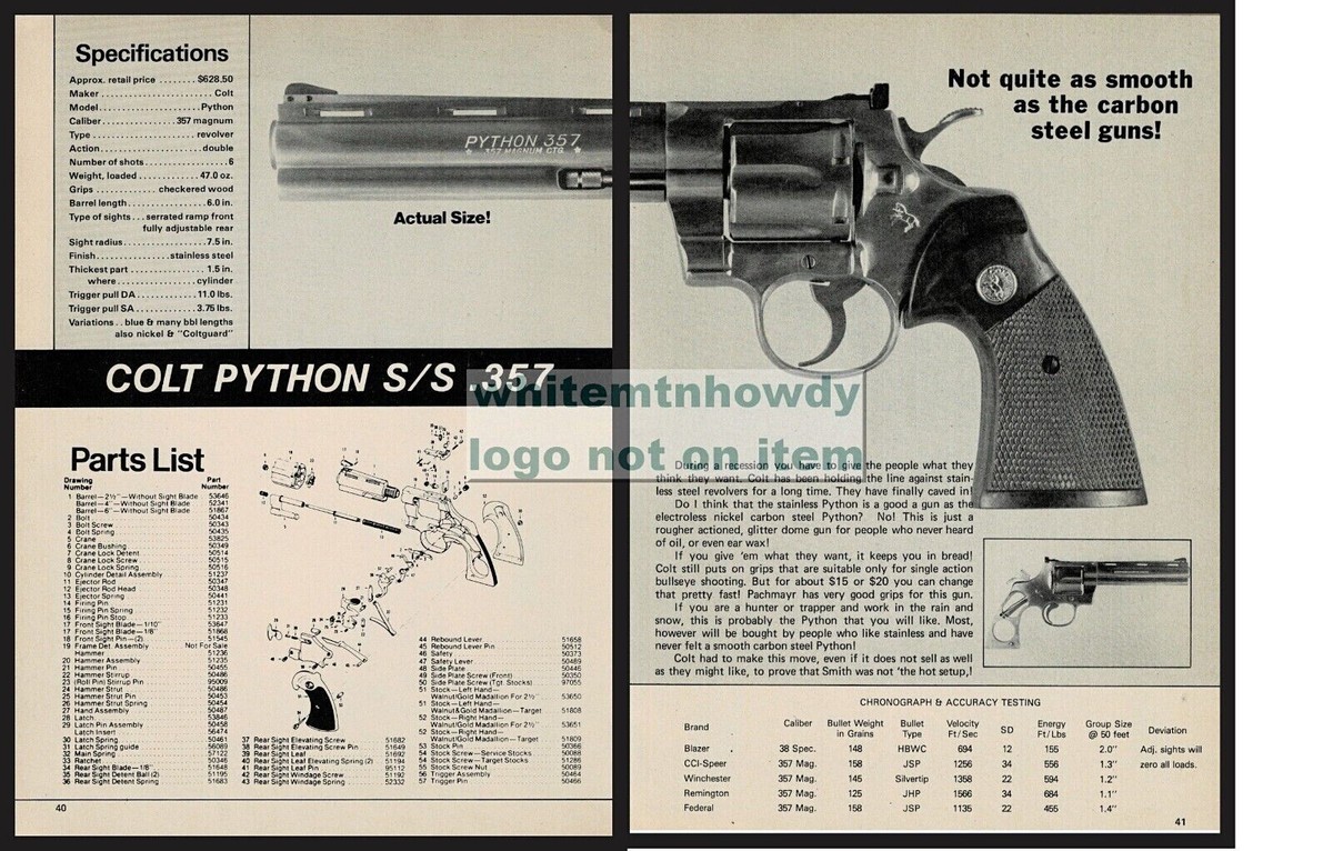 1983 COLT PYTHON Stainless .357 Magnum Revolver 2pg Gun Test