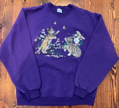 Vintage Purple Cat Sweater L Pullover Crewneck Kitty 80s 90s