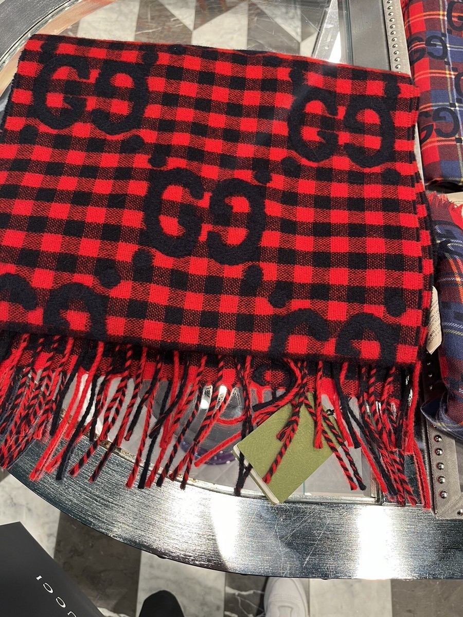 NEW Unisex Gucci Red Blue Wool Check GG Logo Scarf | eBay