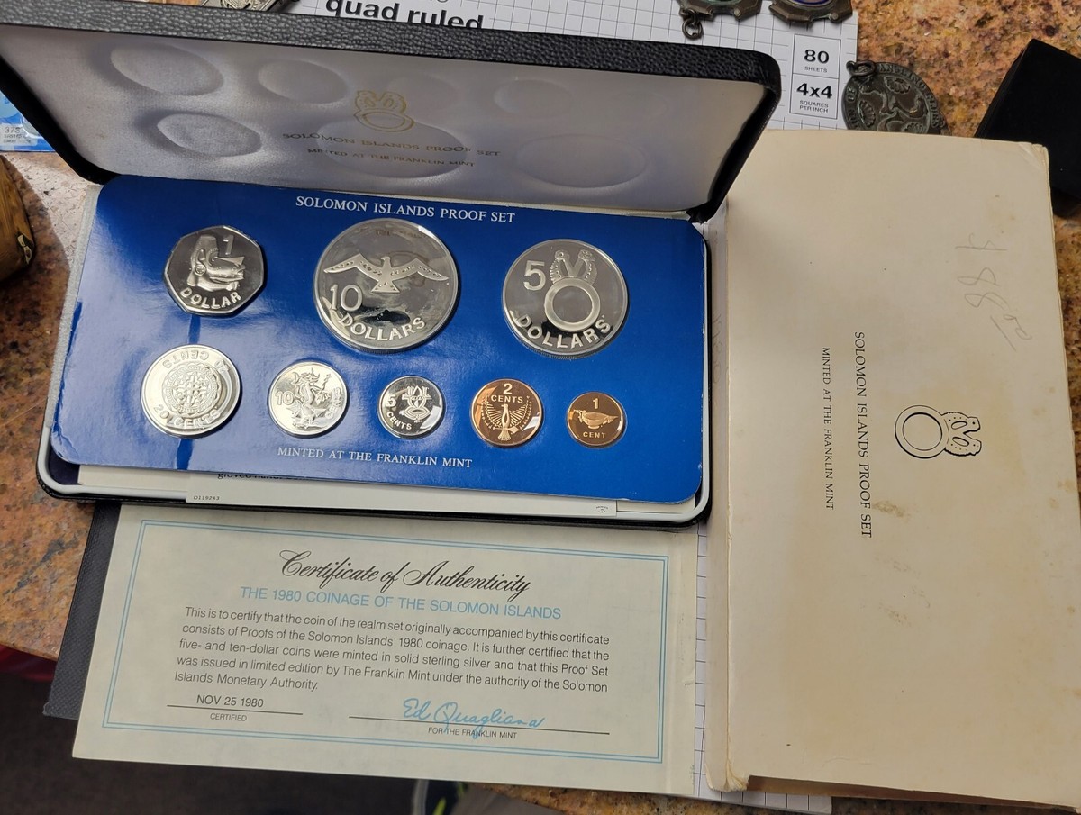 1980 Solomon Islands Proof Set. Two Silver Coins. Box And Coa