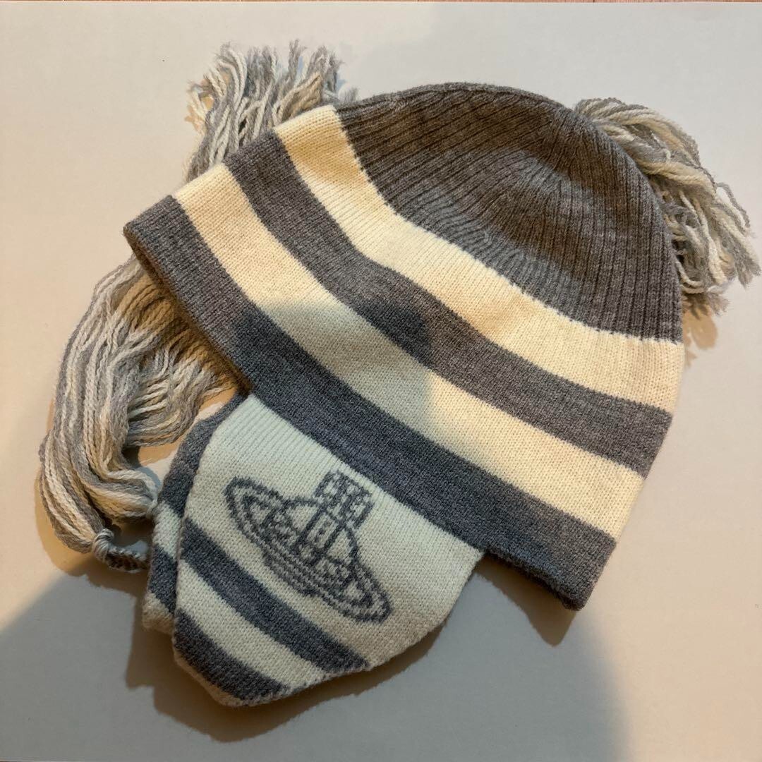 Vivienne Westwood Flap Knit Hat cap orb logo gray white fashion