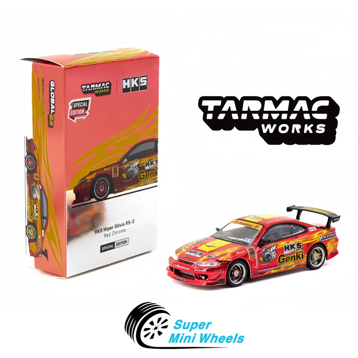 Tarmac Works 1:64 HKS Hiper Silvia RS-2 Chrome Red - Tokyo Auto